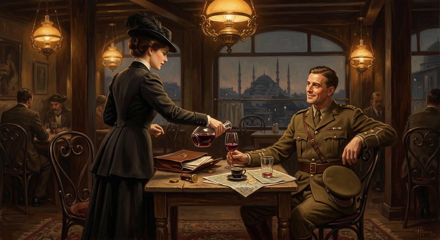 A Choir operative in a Constantinople café pours wine for a Bureau officer, his second seal unchecked