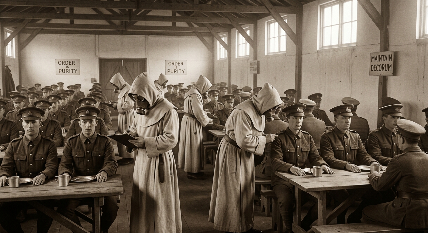 Bureau of Purity Inquisitors conducting a quarterly sweep in a garrison mess hall