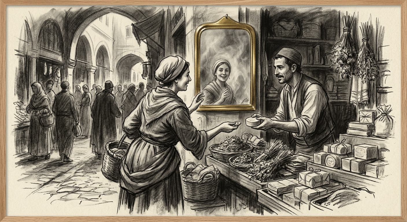 A Choir operative at a market stall, her reflection in the brass mirror subtly wrong