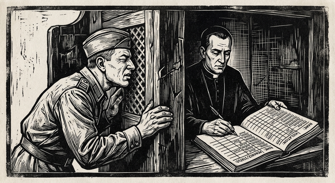 A garrison soldier confesses to a Confessor-Penal who holds a pen instead of beads, a ledger open before him