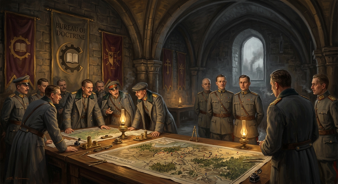 Southern theater command hall at Bastion-Constantinople: officers gather at a great map table in a vaulted stone chamber, Bureau seals on the walls, a few figures standing apart as if a question hangs in the air.