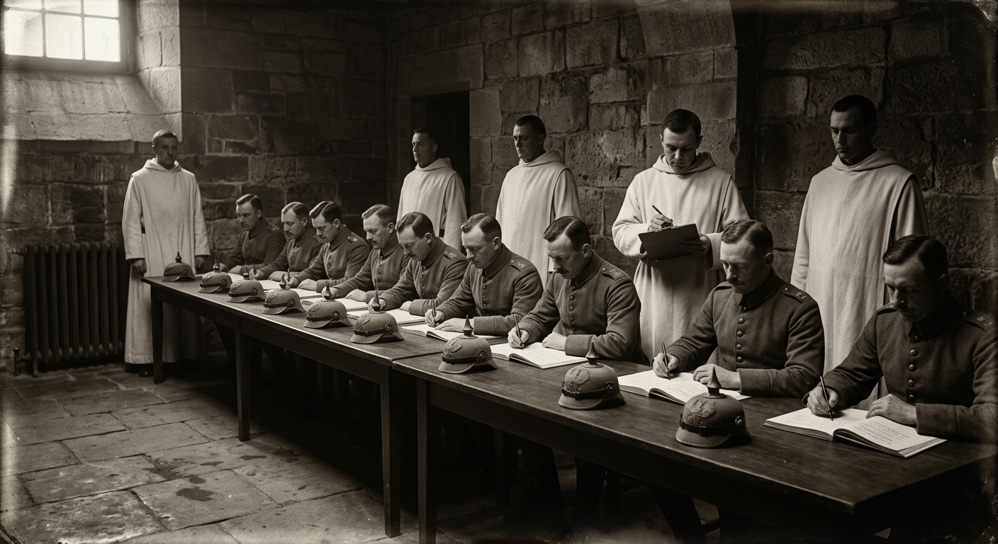 Bureau of Purity questionnaire session: white-robed Inquisitors stand behind a row of seated officers, each holding the sixteen-page devotional questionnaire, every face wearing the same schooled correctness.