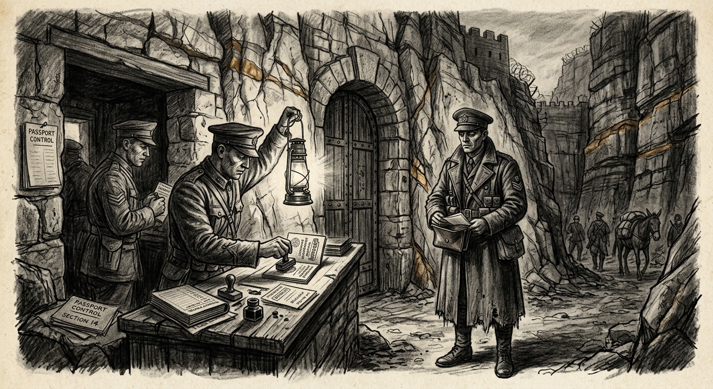 Macedon Escarpment checkpoint: a captain's credentials are processed by clerks in a limestone ravine gate, everything exactly right, something behind his eyes that does not match.