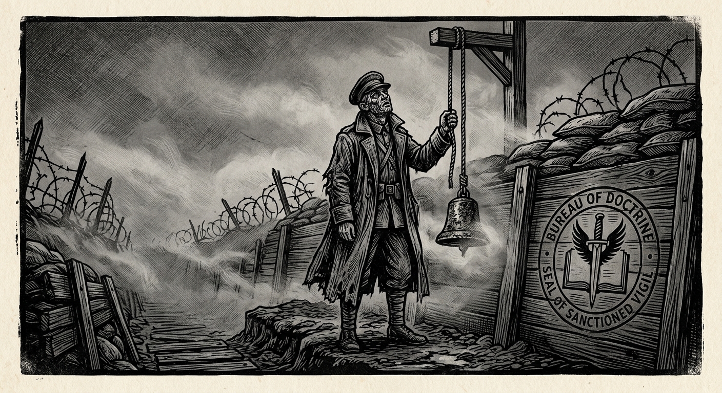 Night watch at the Sagittal Line: a lone soldier at 3am, fog pressing in from No Man's Land, hand on the bell rope, expression caught between prayer and doubt.