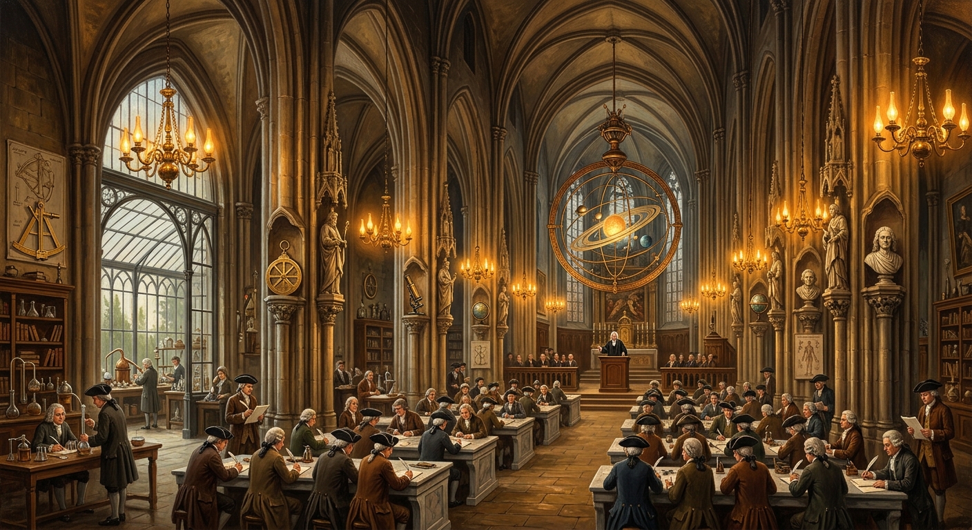 The Academy of Vienna in the converted Saint Stephen Cathedral — the brass orrery turning where the crucifix once hung, students at marble tables, gaslit instruments