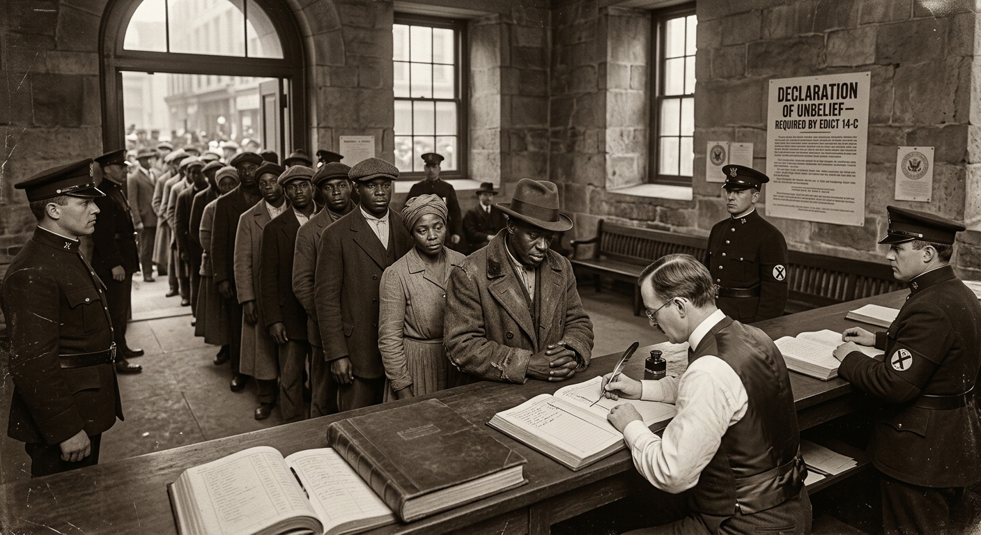 Citizens queue at a prefectural declaration office for the First Black Census — Republican Guards at a ledger counter, a name being struck from the register