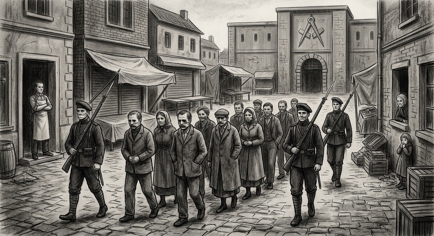 Republican Guards conduct the Procession of Silence — eleven tongueless citizens paraded through a market square, onlookers watching with careful neutral faces
