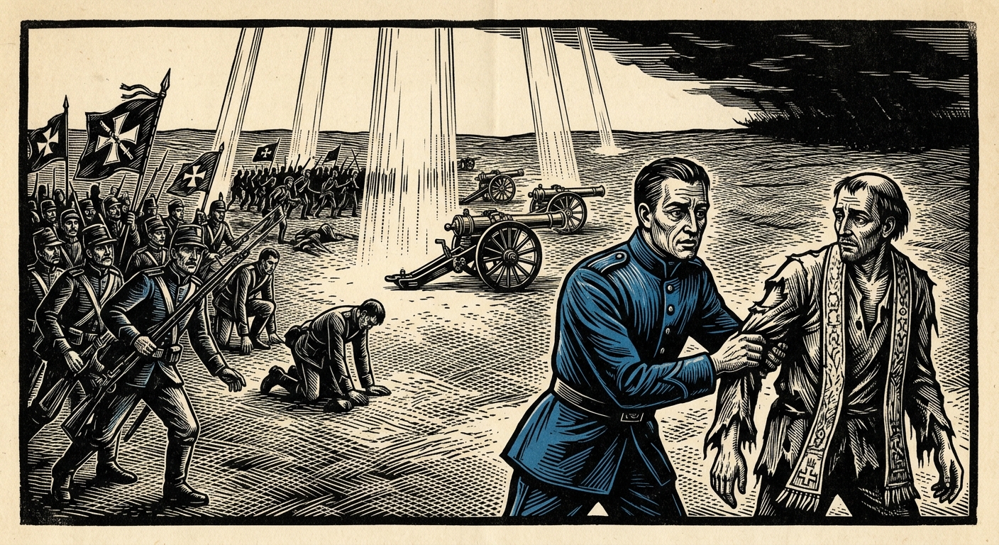 Republican Guards throw down their Broken Cross standards at the Sundering on the Iron Plains — fire falling from a cloudless sky, clockwork artillery abandoned