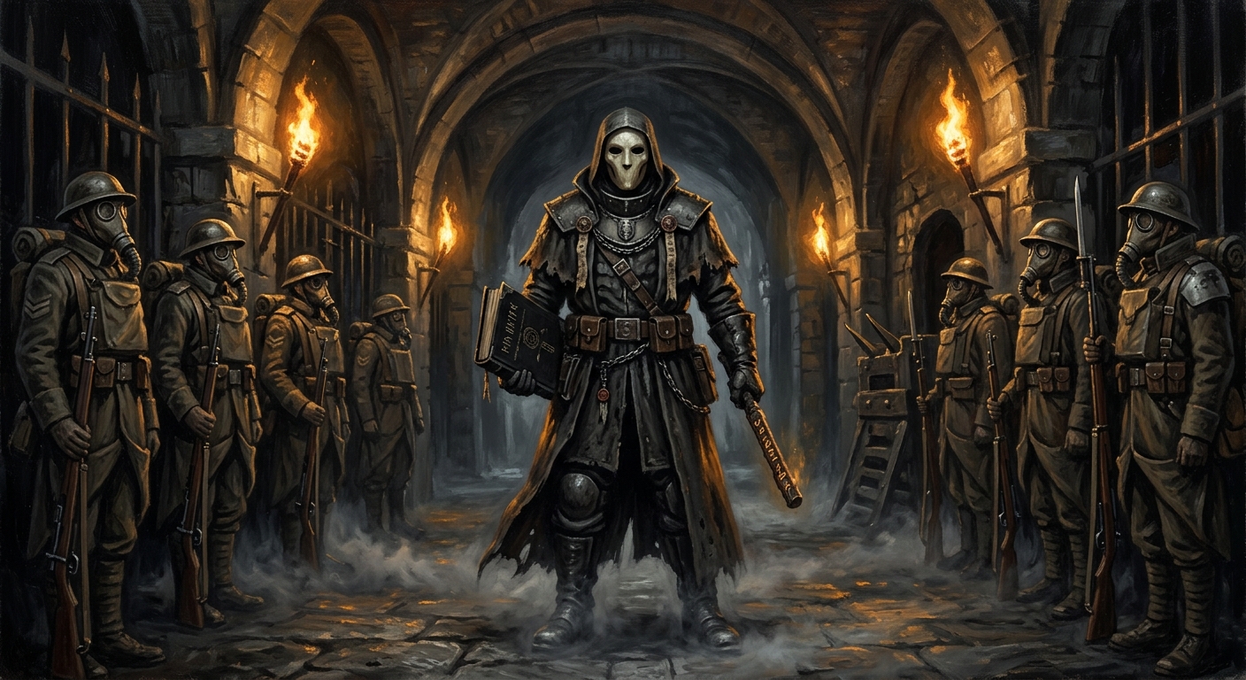 A masked Judge stands in the torchlit corridor of a bastion gatehouse, black ledger in one hand, runed rod in the other, soldiers frozen on either side, mist curling at the Judge's feet