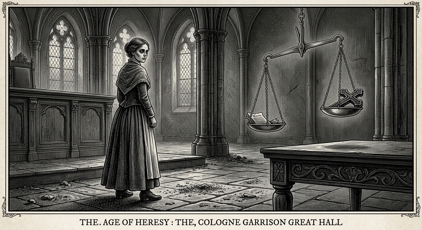 Brass Balance scales tip before a hollow-eyed woman, ash scattered on the flagstones at her feet, Cologne garrison setting