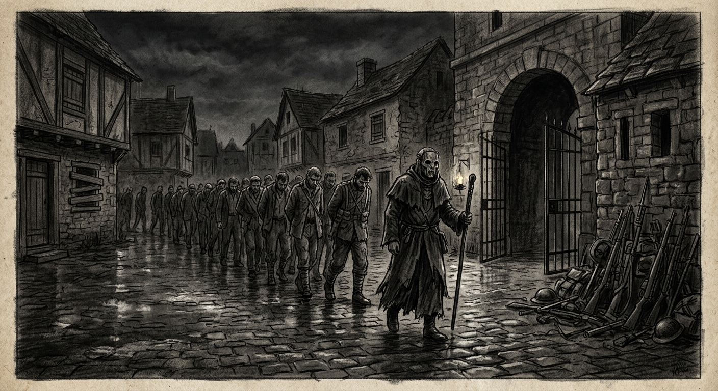 A masked figure leads the Silent Procession through an emptied village square at night, condemned walking with faces averted, weapons stacked unmanned at the guardpost