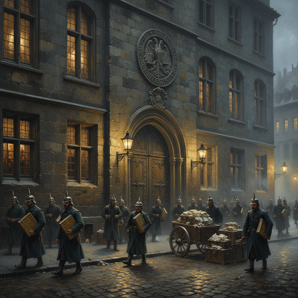 The Palatine Counting House in Strasbourg at night — a vast stone building with candlelit counting rooms, armed Assessor teams departing with gilded ledgers and iron-banded strongboxes