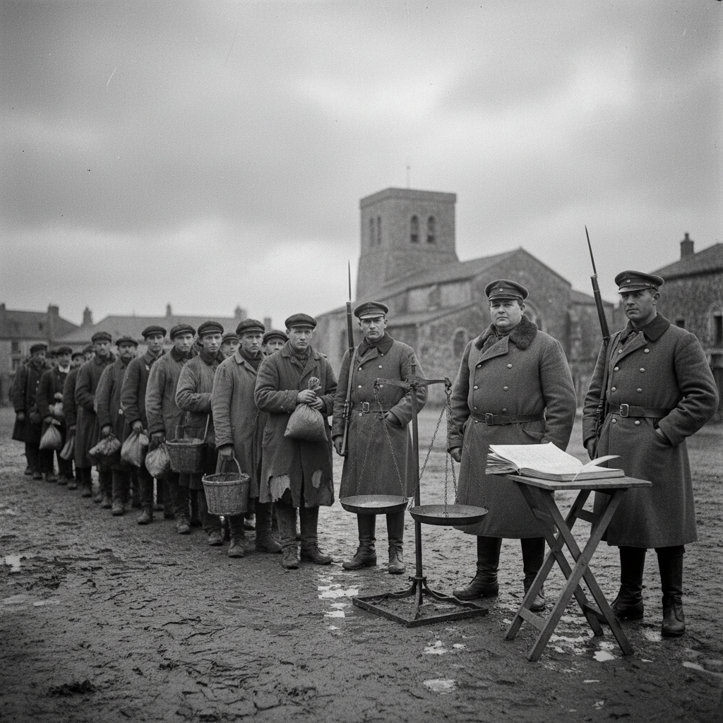 A Bureau of Tithes Assessor with a calibrated iron scale in a muddy village square, gilded ledger open, a queue of peasants waiting, two armed clerks flanking