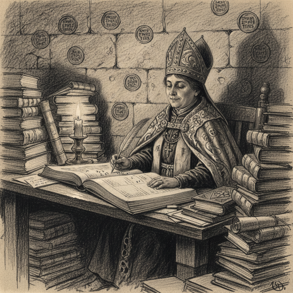 Archbishop Salome Veyrault at her desk, surrounded by towers of ledgers, smiling while calculating, Bureau of Tithes seals on the stone wall behind her