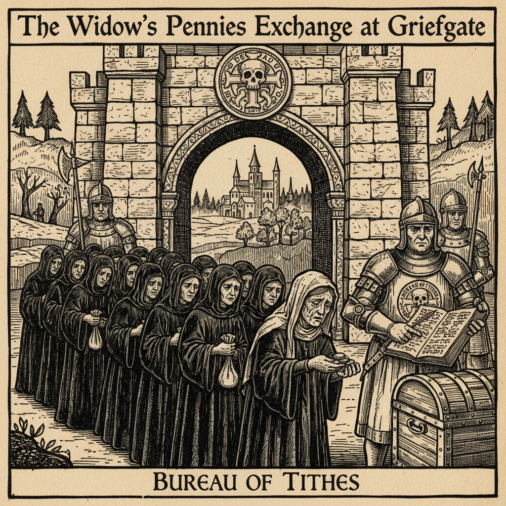 The Widow's Pennies Exchange at Griefgate — mourners in black queue at a toll-gate arch carved with the Bureau of Tithes seal, a bereavement levy being collected