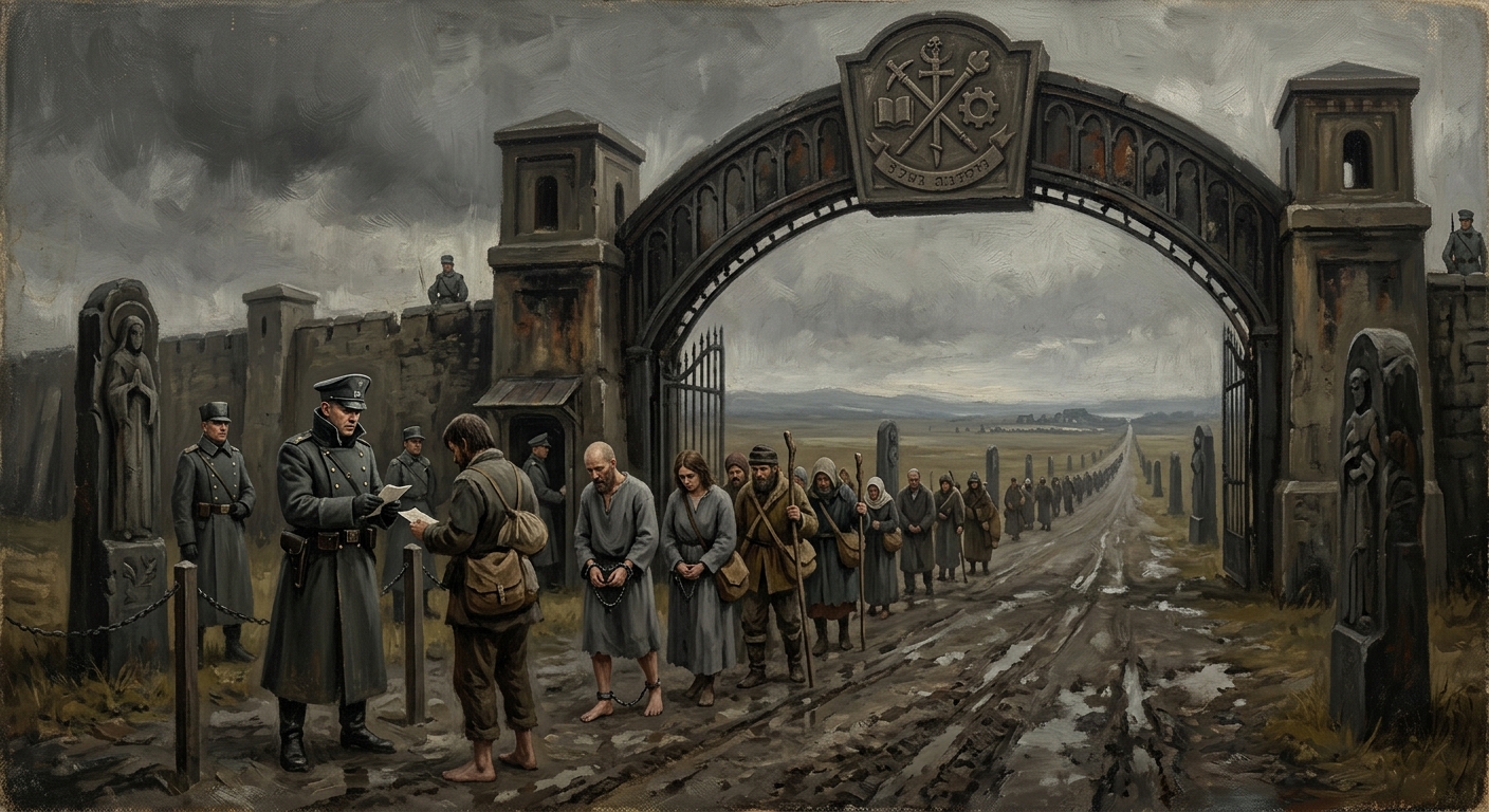 Oil painting of a long pilgrim road stretching to the horizon, flanked by saint-stones, with a Bureau tithe-gate visible at midground and a column of pilgrims filing through under the eye of a Peregrine Warden.