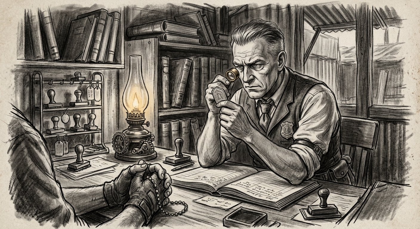 Charcoal sketch of a Route-Stamper at a waystation desk, examining a pilgrim's token with a magnifying lens, the pilgrim's hands folded in supplication before him.