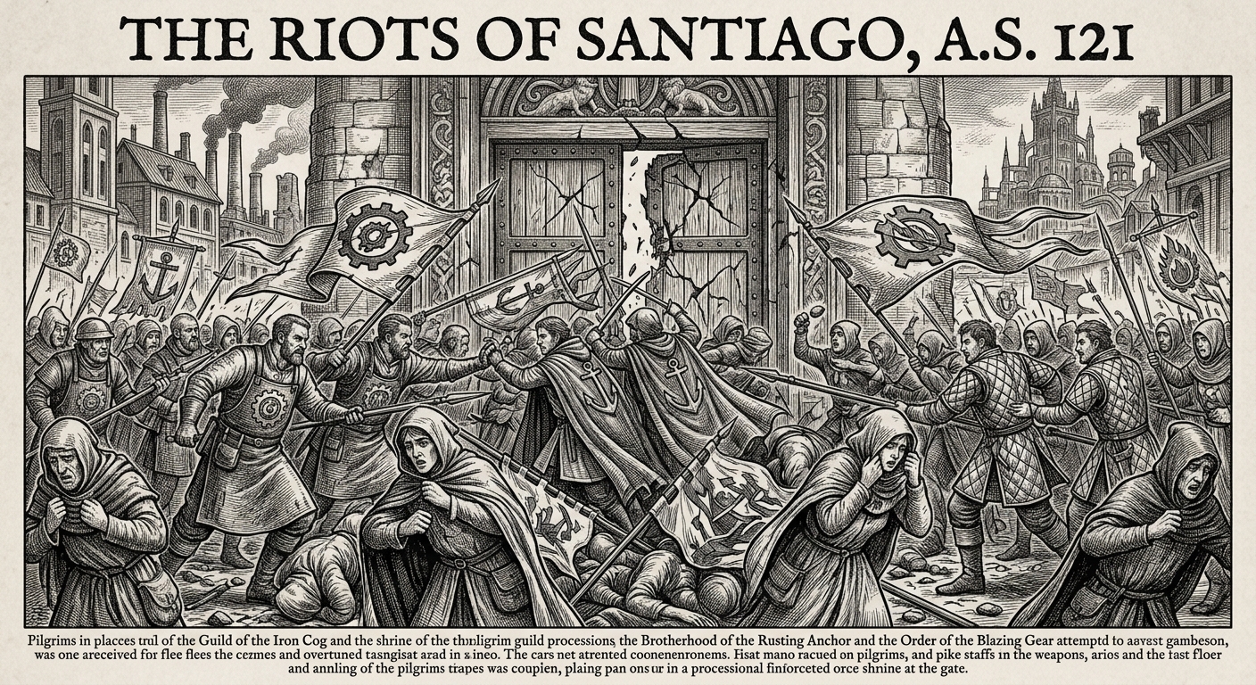 Engraving of the Riots of Santiago, A.S. 121 — three guild processions converging at a shrine gate, pikestaffs and processional banners clashing, pilgrims scattering.