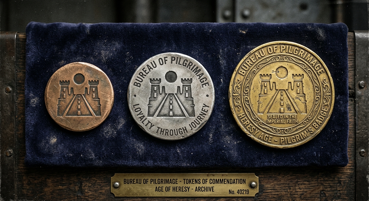 Photograph of three pilgrim tokens laid on a cloth — bronze disc, silver-stamped disc, and a gold-sealed disc — each bearing the sigil of the Bureau of Pilgrimage.