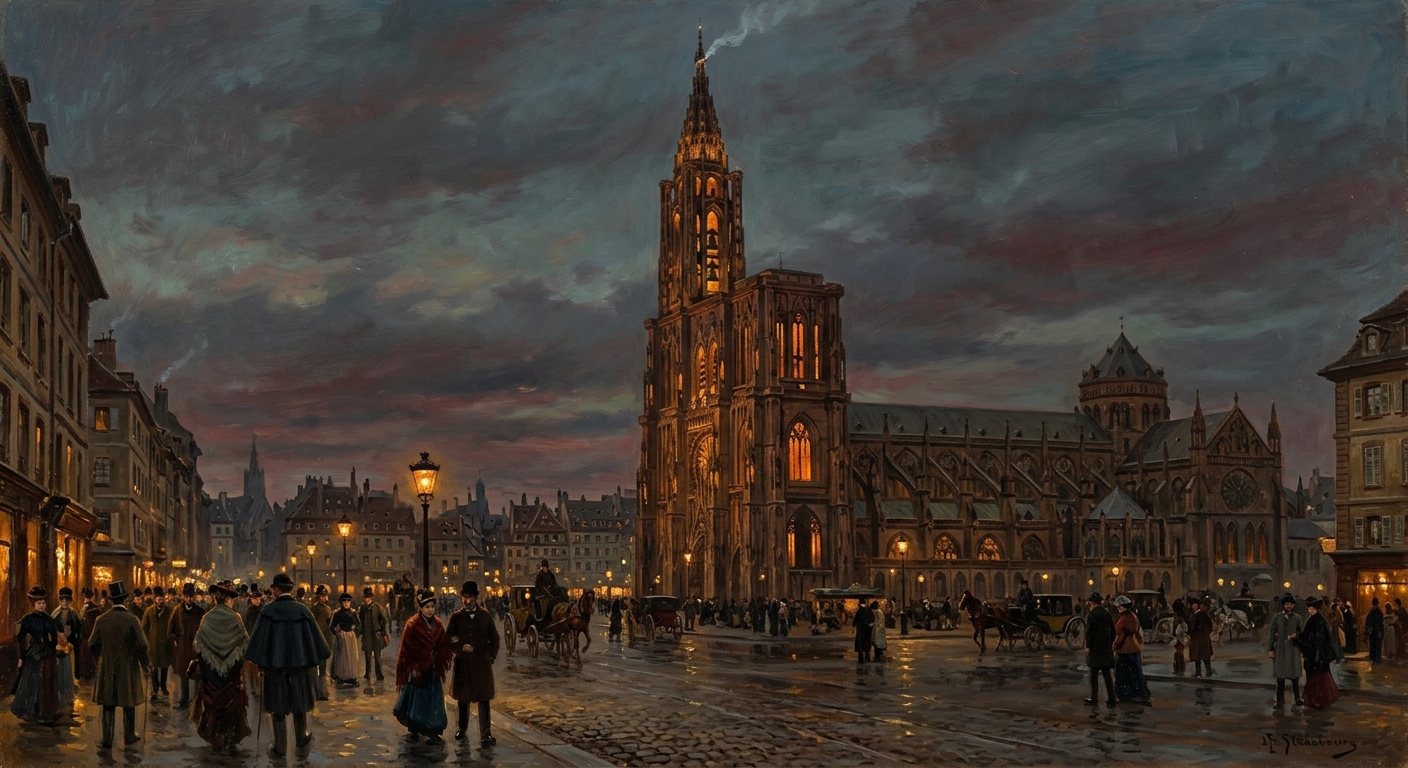 The Bell Tower of Strasbourg Cathedral at dusk, nine floors of amber lamplight glowing through arched windows