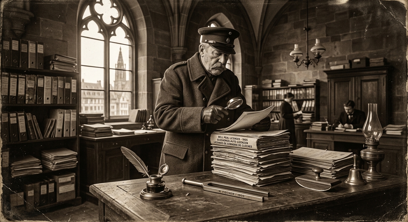 A Bell-master in greatcoat and peaked kepi inspects Bell Peal License documents at a wooden desk