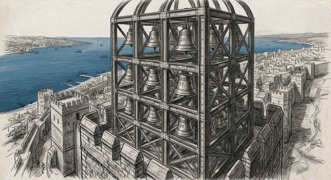 Twenty-three bronze bells of Bastion-Constantinople's carillon suspended in an iron cage atop the west tower