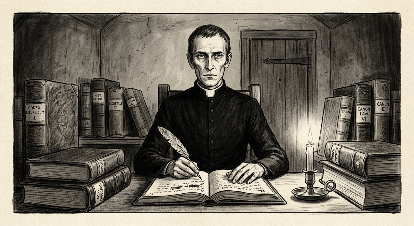Liturgist-Primus Corvin Marche at his windowless desk
