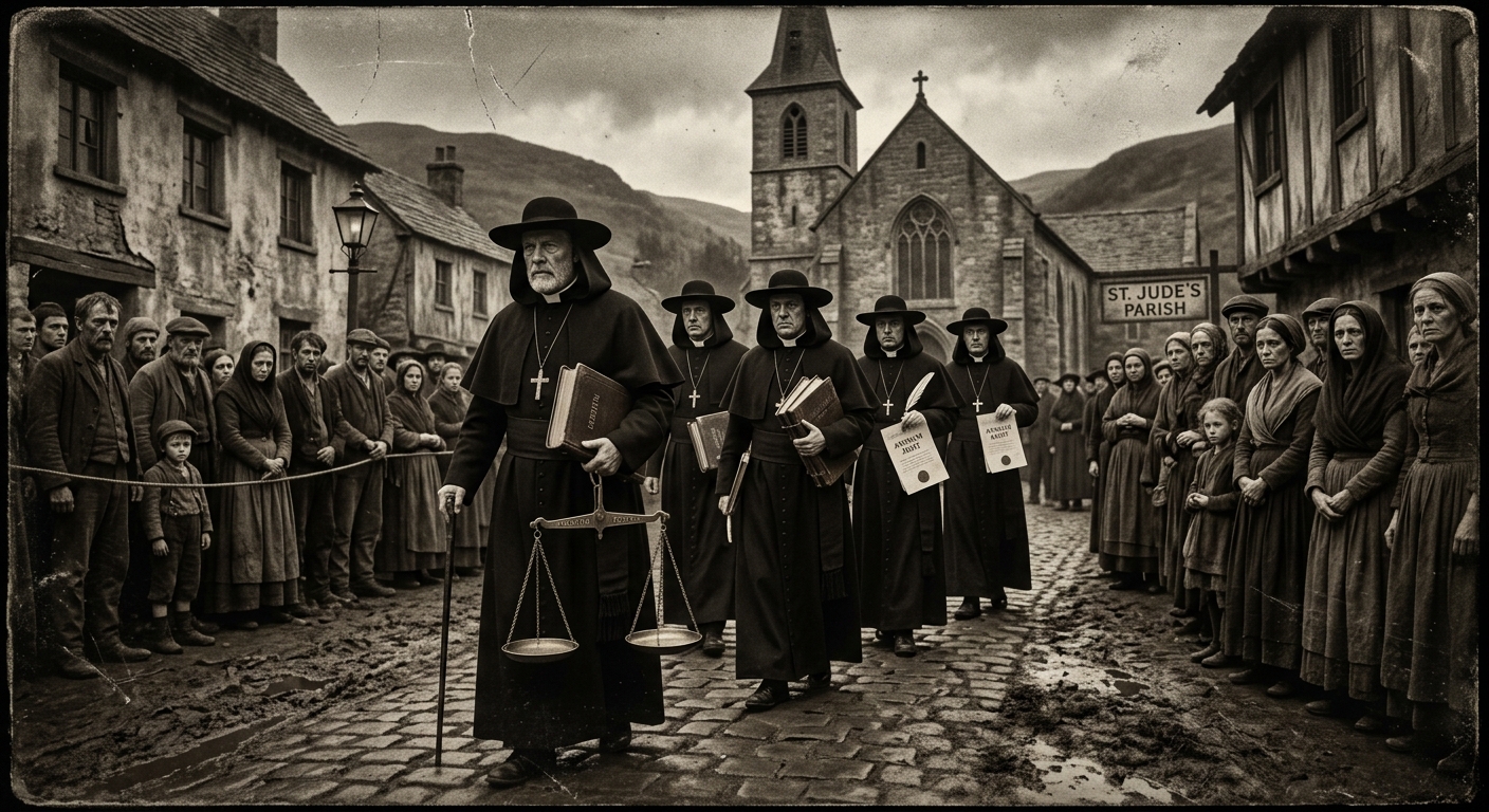 Bureau of Rites devotional debt audit team arrives at gray-faced parish