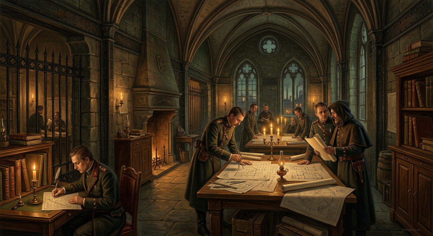 Interior of the Foundry Archive, Strasbourg — engineers in Victorian military-clerical uniforms bent over survey tables by candlelight