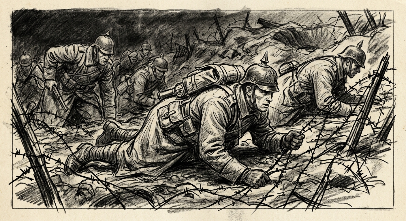 Litany-Engineers crawling through barbed wire with blasting charges, one man's lips moving in prayer