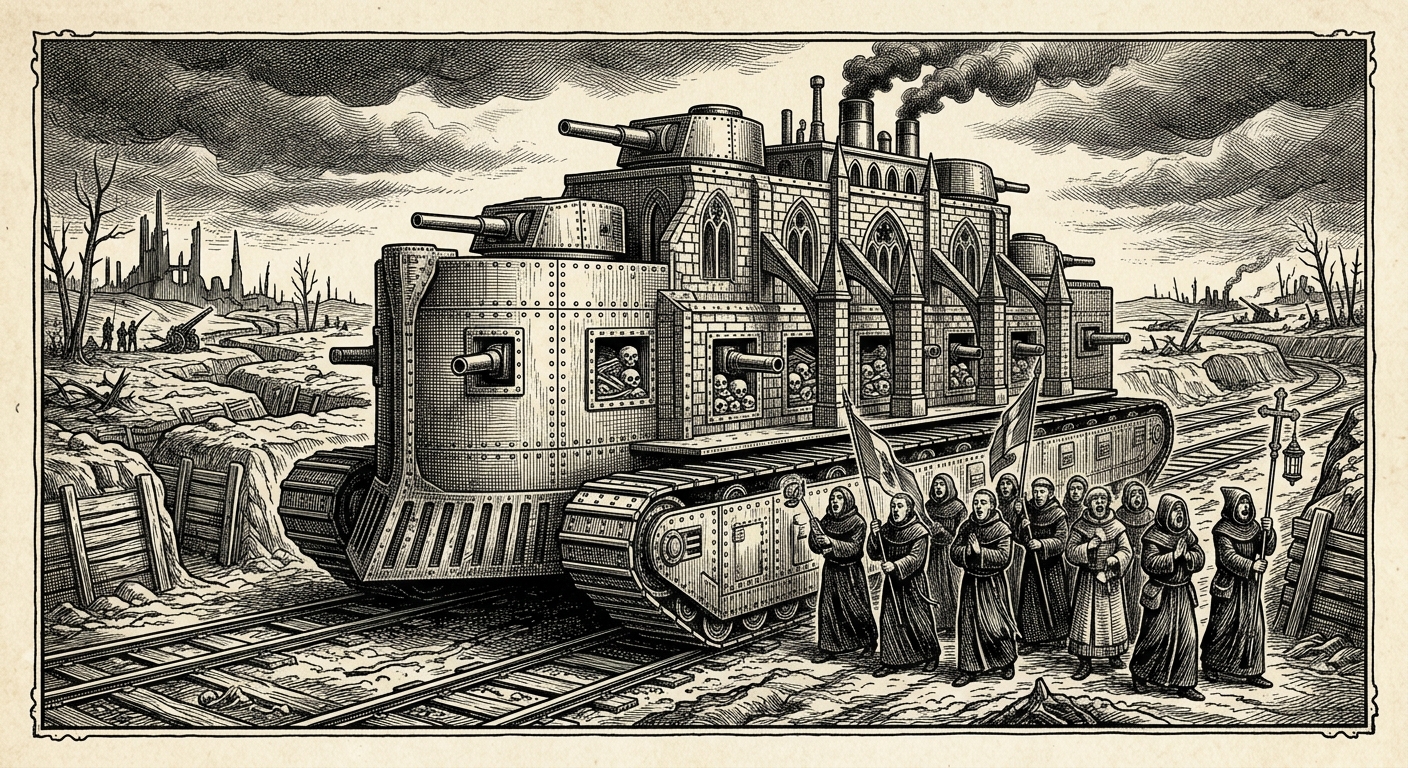 The Catacomb-Carrier Threnody — an ossuary-bricked tracked vehicle moving along trench-line rail with priests alongside