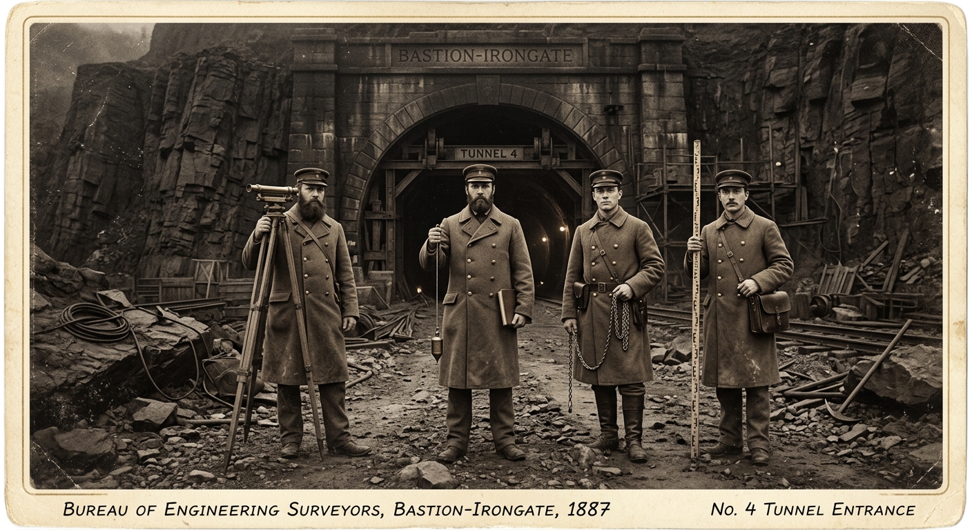 Four Bureau of Engineering surveyors in Victorian coats standing before a tunnel entrance at Bastion-Irongate