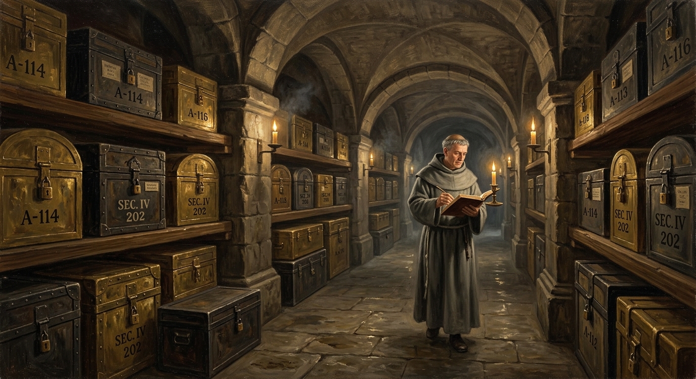 The Vault of Sacred Custody beneath Strasbourg Cathedral — iron-sealed caskets and lead-lined reliquaries receding into candlelit shadow