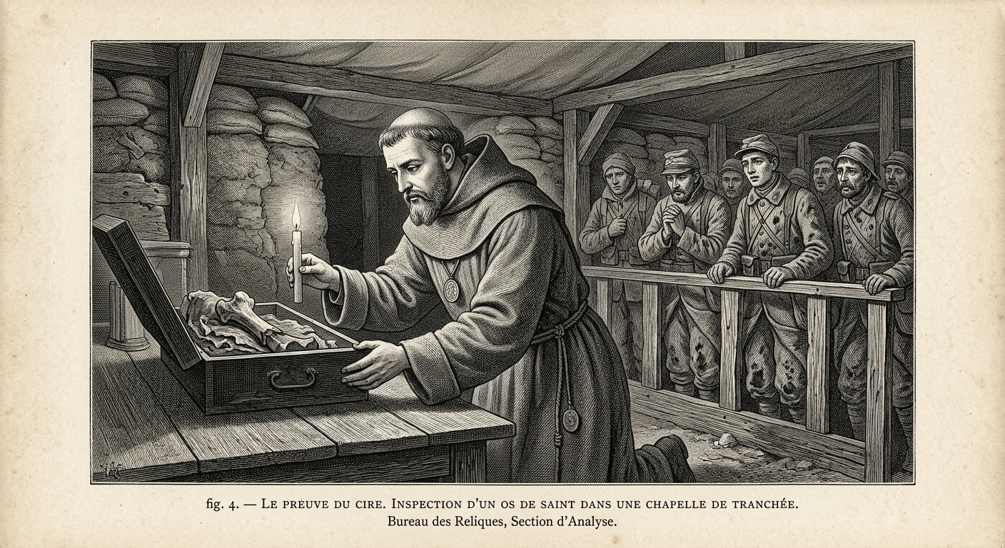 A Bureau Examiner performs the Candle Proof in a forward trench chapel, holding a taper beside a saint's bone