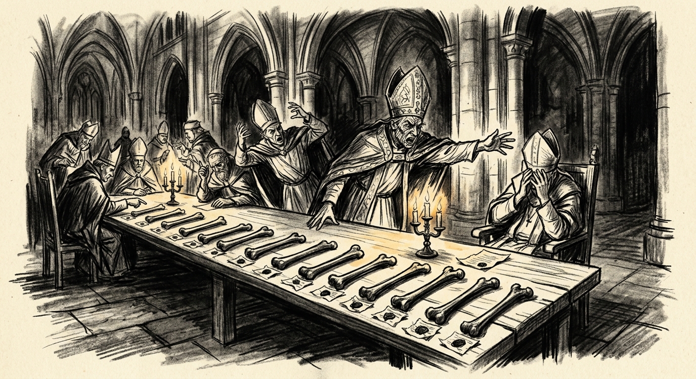 Bishops argue over seventeen femur bones laid on a cathedral table during the Reliquary Schisms