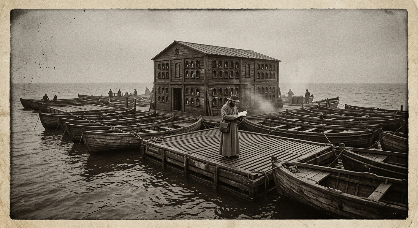 The Black Sea Reliquary Flotilla — seventeen hulls lashed together, Crown Deck Chapel visible, a lone Examiner on deck