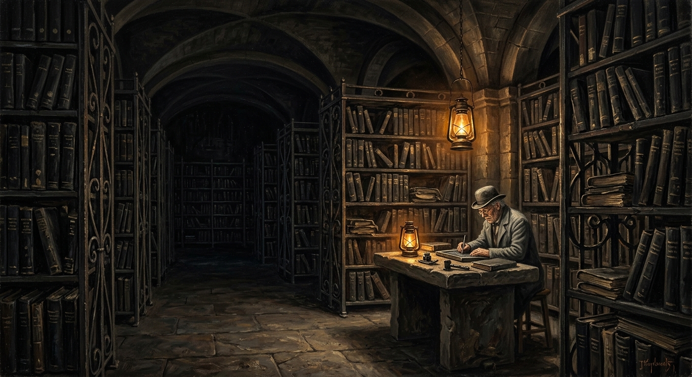 Oil painting of the sub-vaults of the Registry of Bonds — rows of black-bound ledgers receding into darkness, oil lanterns casting amber light, a lone Witnesser seated at a desk with a lead tablet, the ceiling lost in shadow above him.