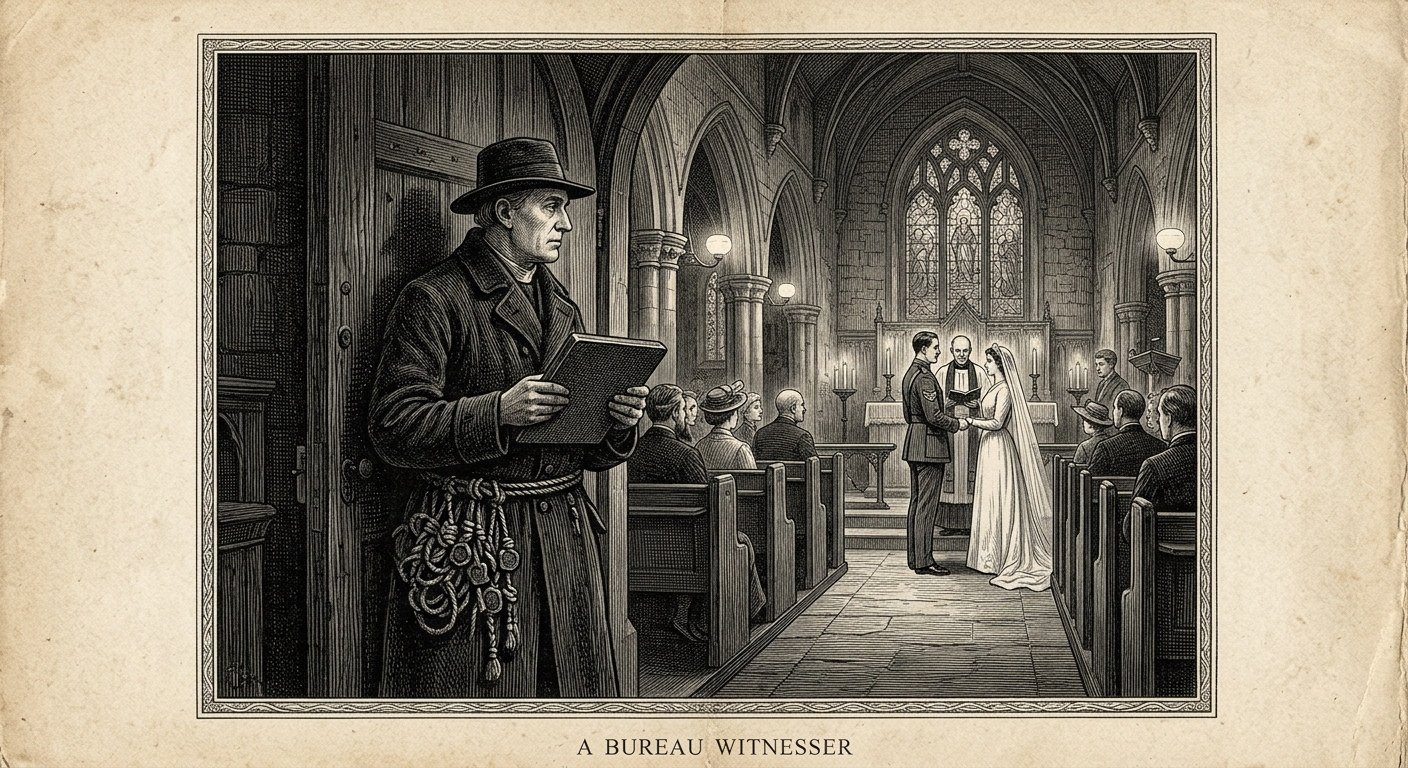 Engraving of a Bureau Witnesser standing silent in a doorway during a marriage ceremony, lead tablet in hand, cord-sash hanging heavy with knotted decades, the couple facing forward unaware of the observer.