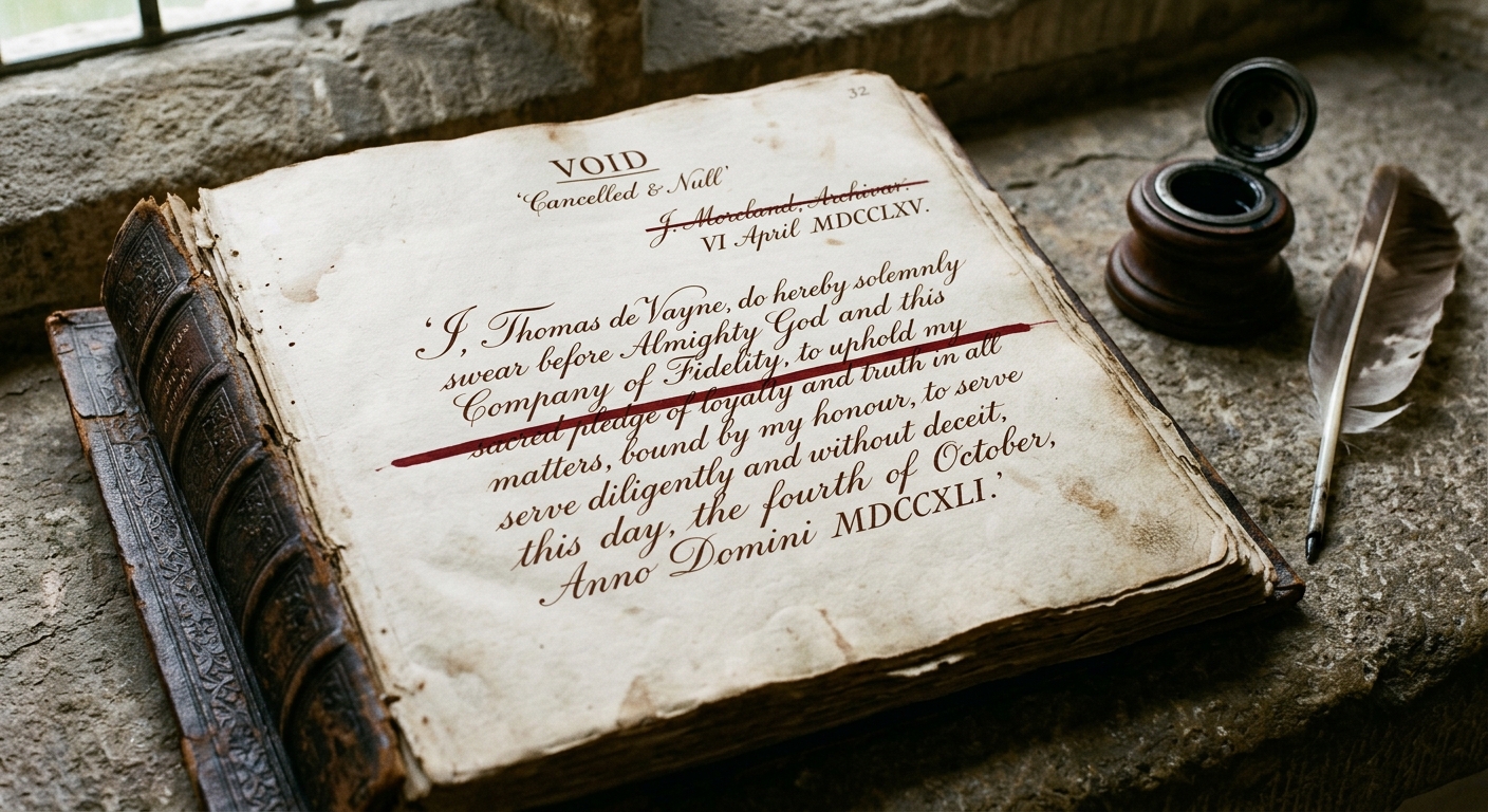 Charcoal sketch of the Ledger of Fidelity opened to a page where a single horizontal red line has been drawn through an oath — the original text still perfectly legible beneath, struck but not erased.