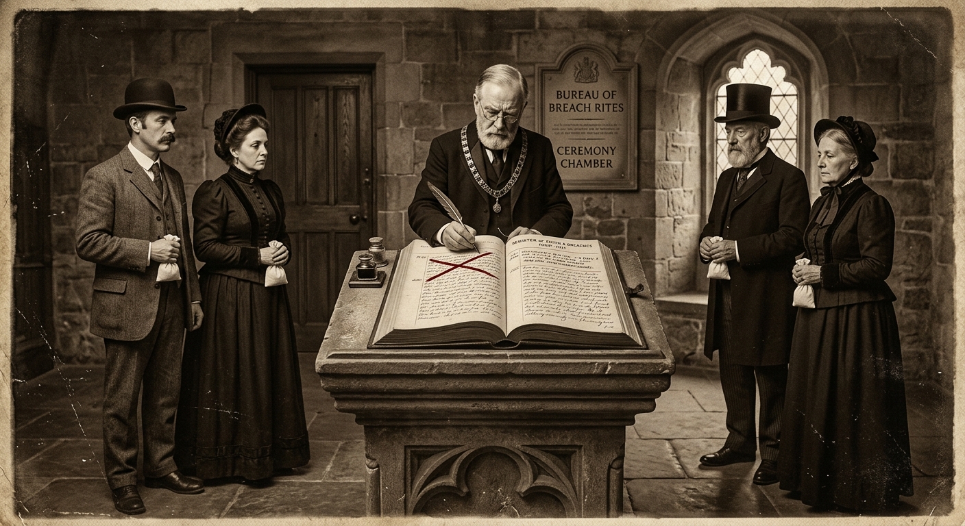 Victorian photograph of a Breach Rite ceremony — two parties standing before a Breach-Rite Witnesser, watching as red ink is drawn through their entry in the Ledger, their faces unreadable, salt sachets visible in their hands.