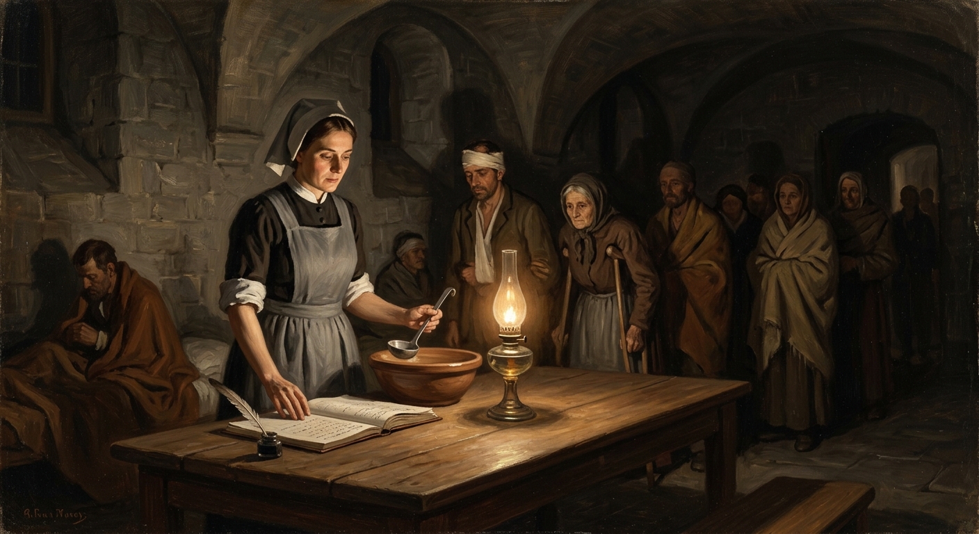 A grey-stone Mercy Ward interior at night, a Ward-Sister standing at a table with ladle and ledger, a queue of sick figures receding into shadow