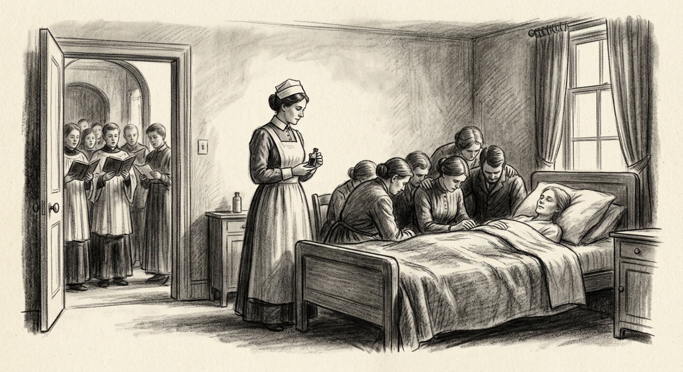 A Hospice of Departure chamber — a family gathered around a clean bed, a Ward-Sister holding a black elixir vial, choristers at the doorway