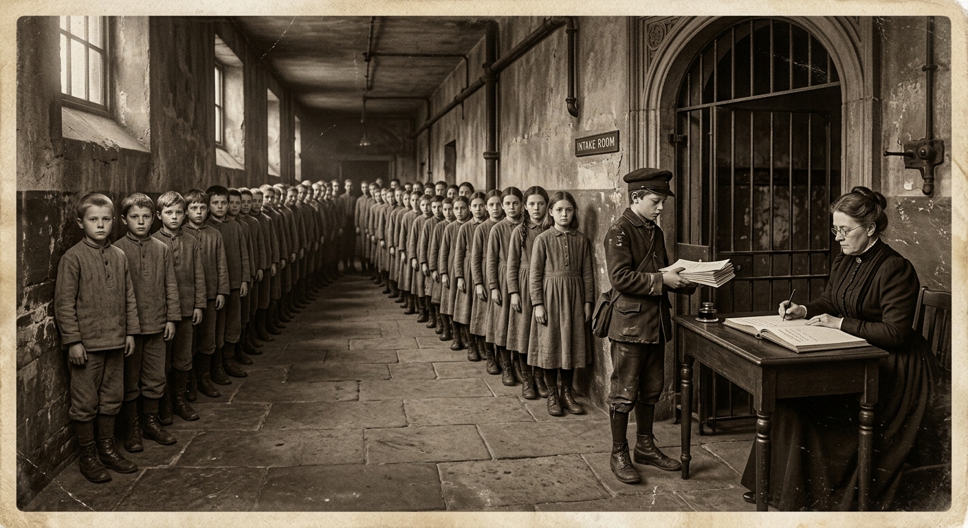 The Orphanarium intake corridor — rows of children in identical grey clothing, a Registrar at the gate with a ledger