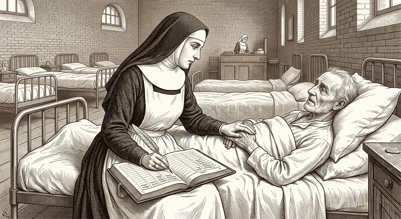 A Ward-Sister's hand rests over a dying man's as he whispers; her other hand holds a quill in motion over an open ledger
