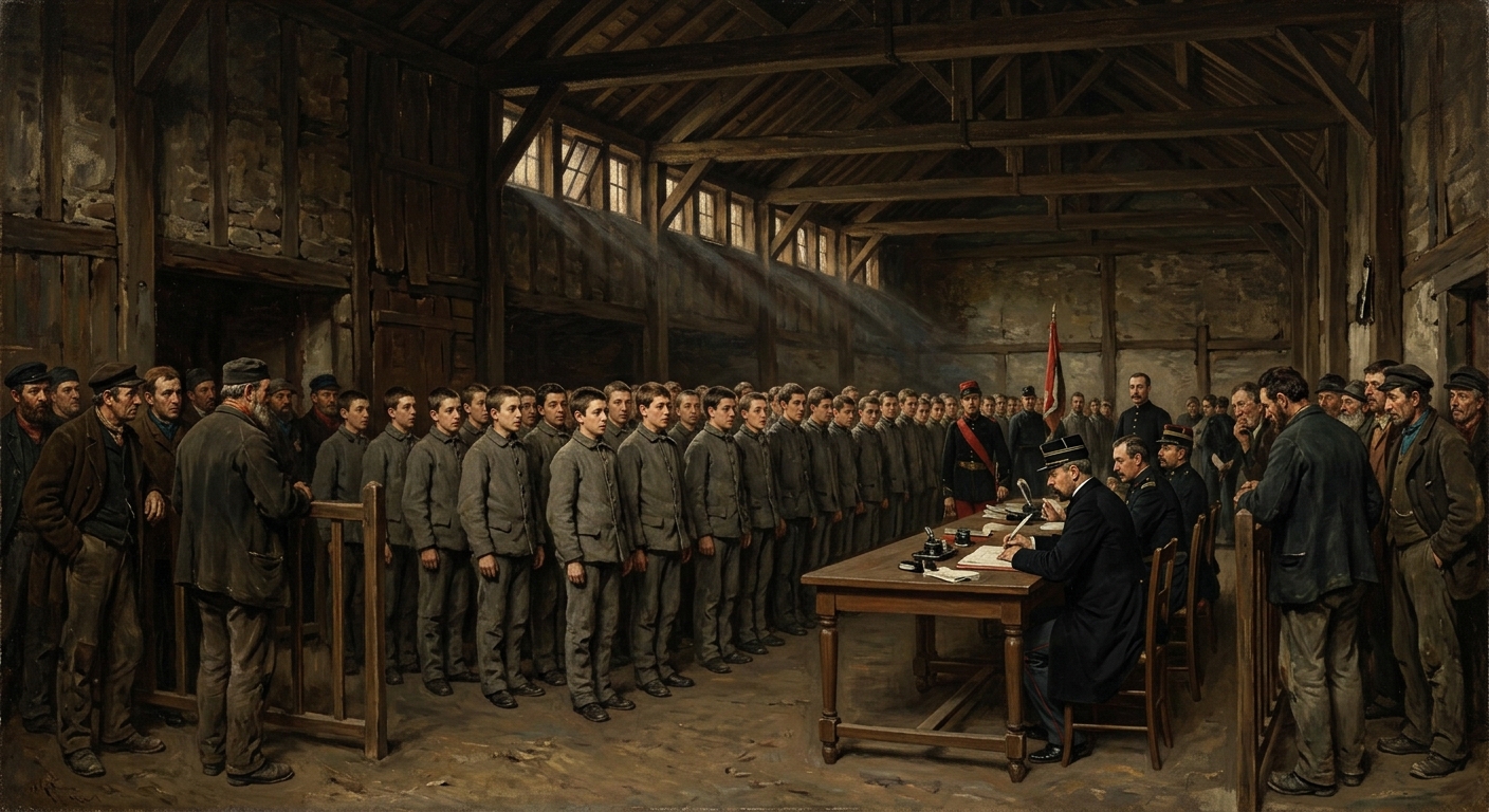 Interior of a provincial mustering yard — rows of boys in grey before a Conscription clerk's table, fathers at the perimeter, late-afternoon light through high narrow windows