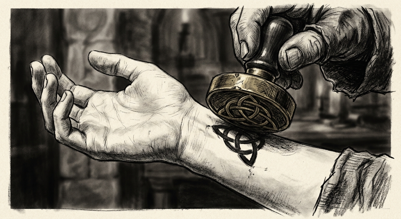 Close detail of a Levy Assessor's brass Triune Knot stamp being pressed onto a boy's thin inner wrist