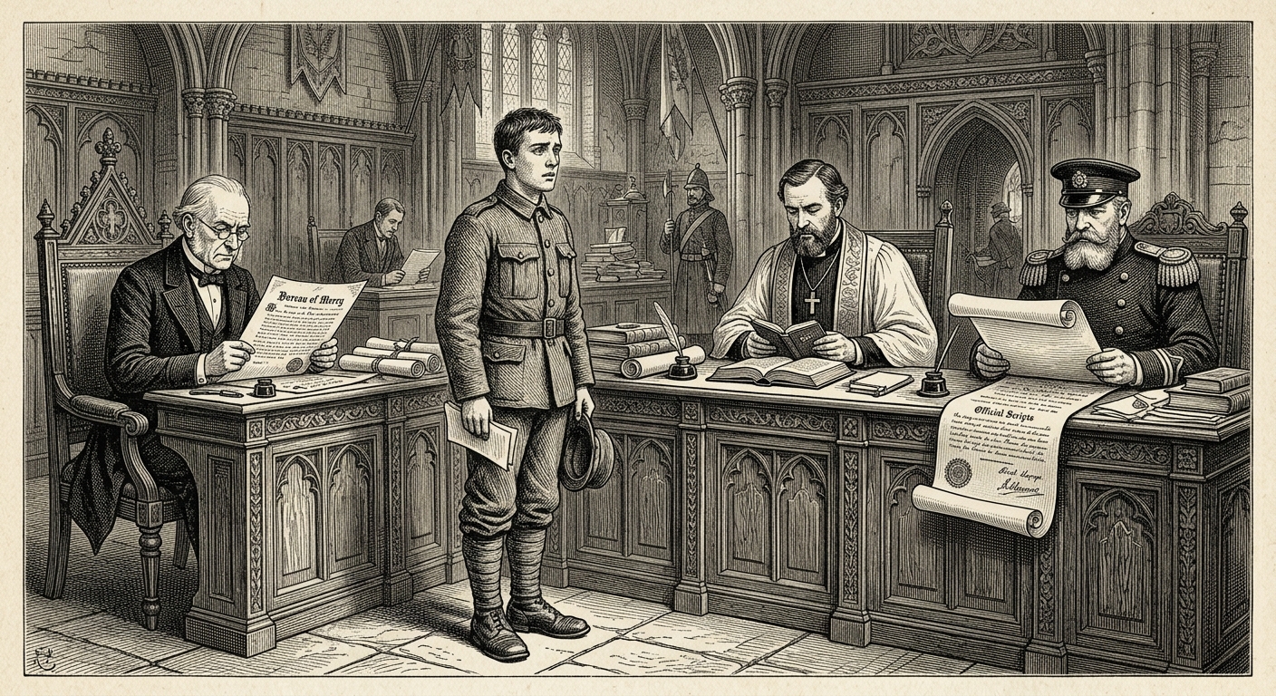 The Fourfold Assessment — a conscript before a tribunal of three clerks, each examining a different document