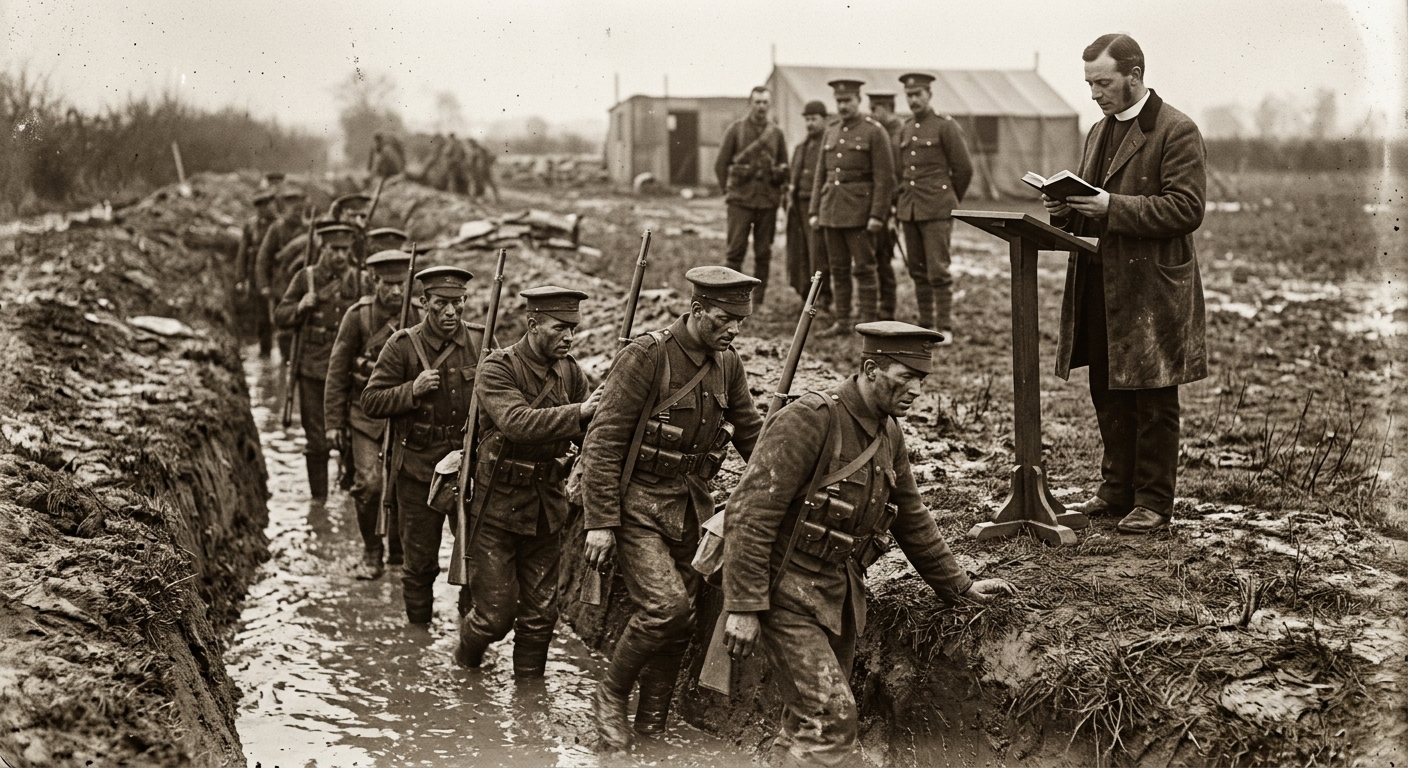 Conscripts emerging caked in mud from a flooded training trench, a Tribune-Chaplain reading above them