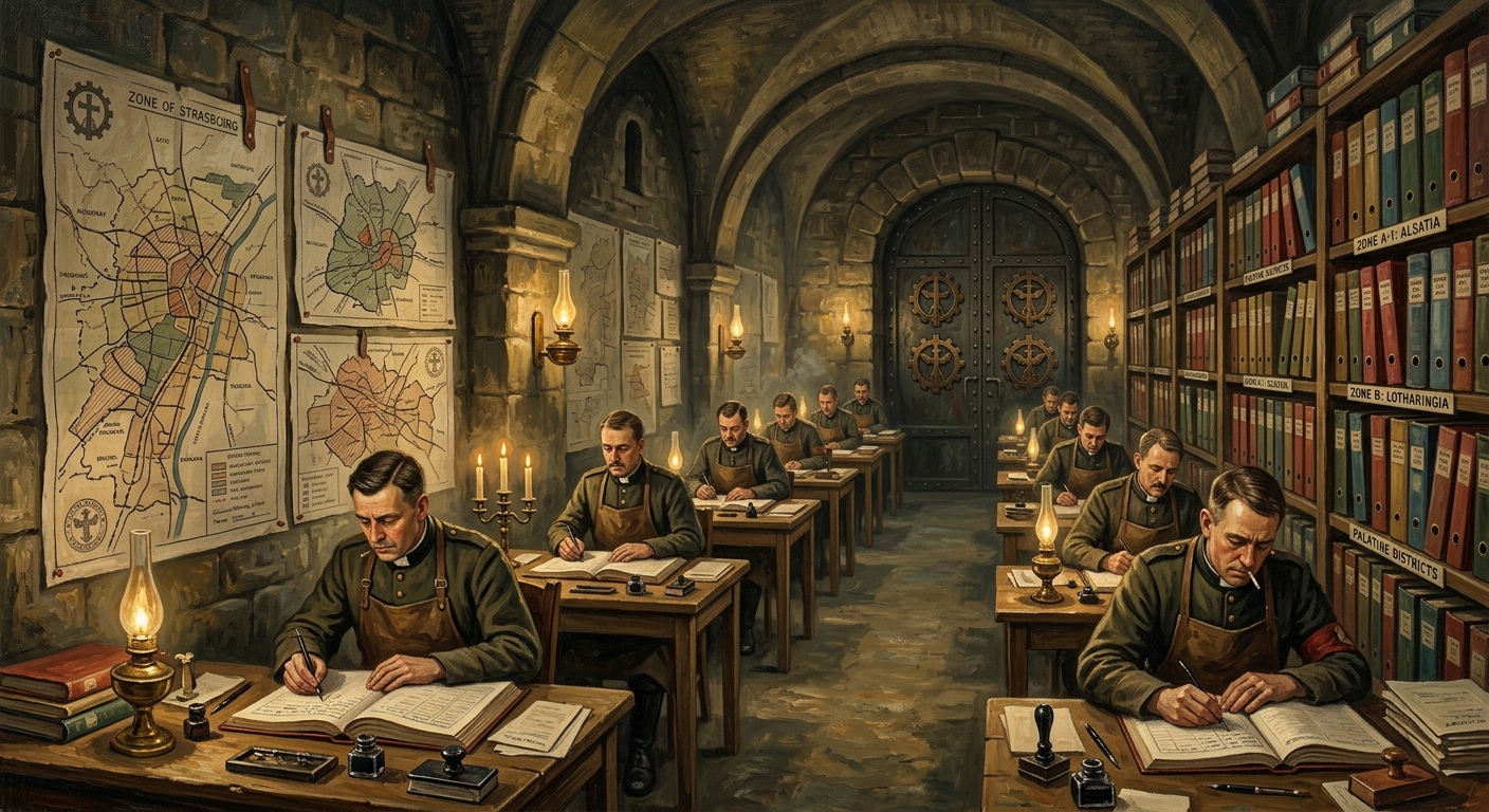 Bureau of Settlement clerks reviewing zone maps in the wine-cellar offices of the Palatine Administrative Wing, Strasbourg