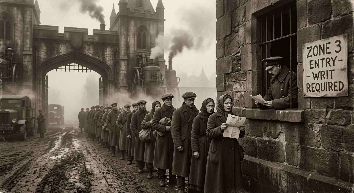 A Transit Writ checkpoint at a Zone 3 boundary, a long queue of subjects stretching into morning fog